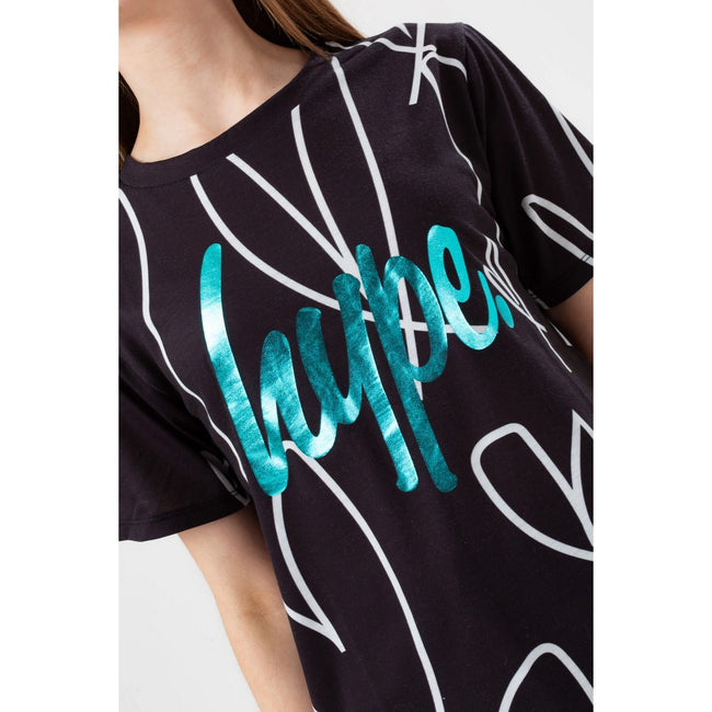 Black-White - Side - Hype Girls Sketch Heart Holographic Script T-Shirt