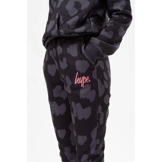 Black - Side - Hype Girls Cheetah Foil Script Jogging Bottoms