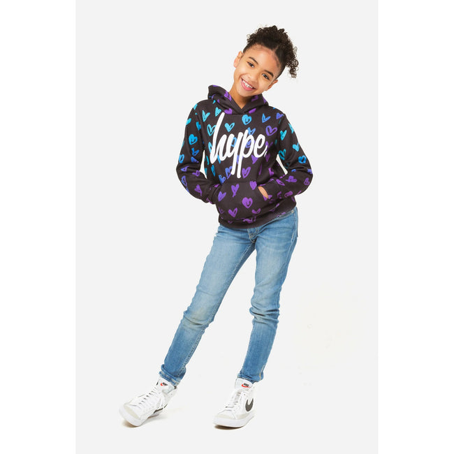 Black-Blue-Purple - Lifestyle - Hype Girls Scribble Heart Script Hoodie