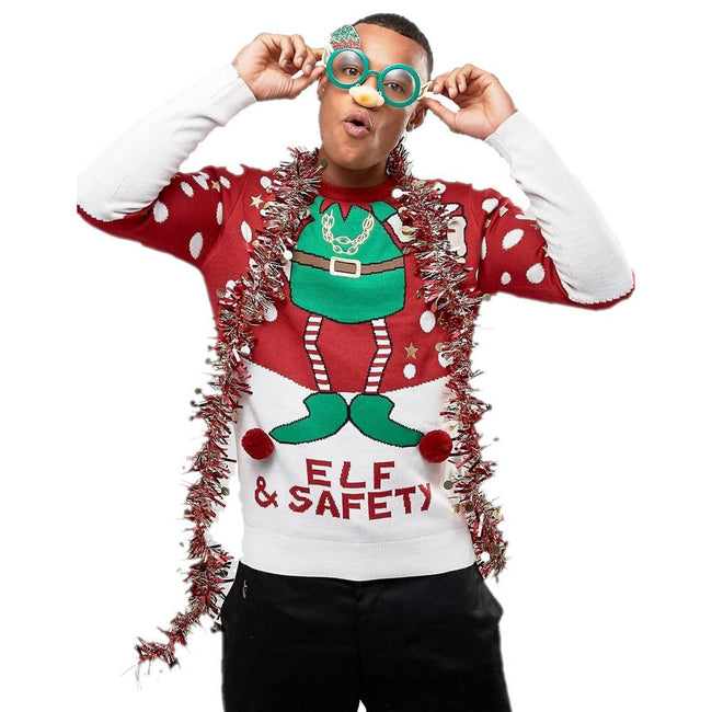 Red-White - Side - Brave Soul Mens Elf & Safety Christmas Jumper