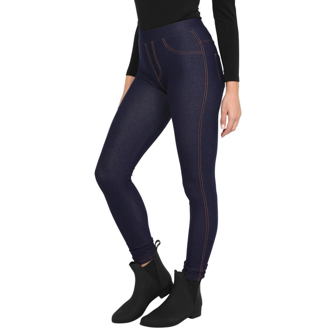 Navy - Front - Krisp Ladies-Womens High Rise Denim Look Leggings