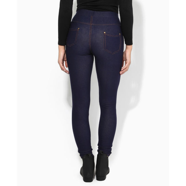 Navy - Back - Krisp Ladies-Womens High Rise Denim Look Leggings