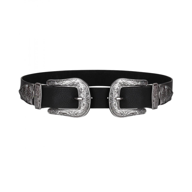 Black - Front - Krisp Womens-Ladies Double Buckle Western Leather Belt