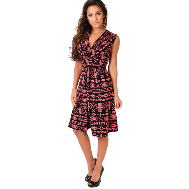 Coral-Black - Back - Krisp Womens-Ladies Aztec Print Knot Front Dress