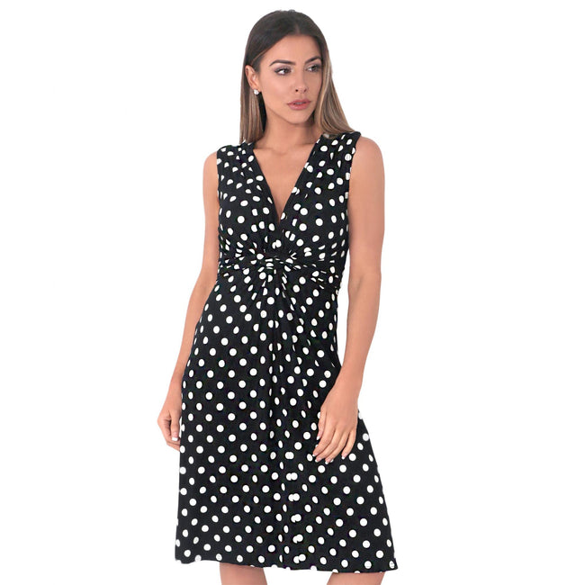 Black-White - Front - Krisp Womens-Ladies Knot Front Polka Dot Mini Dress