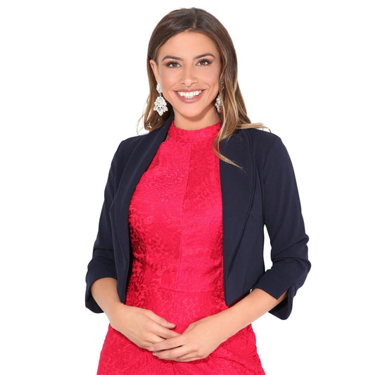 Navy - Front - Krisp Womens-Ladies Wide Lapel Three-Quarter Sleeve Shrug