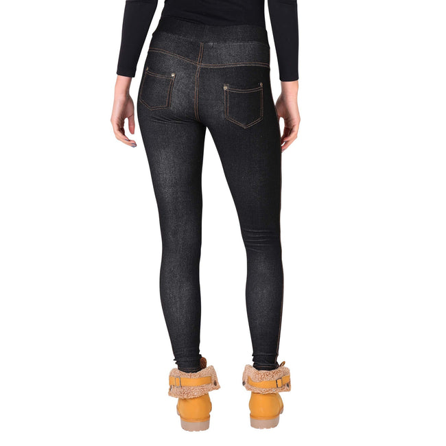 Black - Back - Krisp Womens-Ladies Denim Look Fur Lined Leggings
