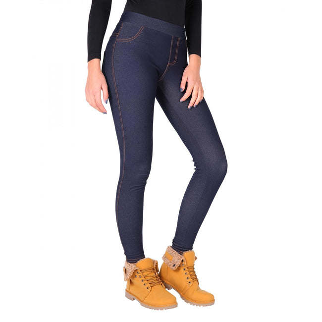Navy - Front - Krisp Womens-Ladies Denim Look Fur Lined Leggings