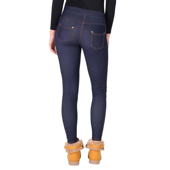 Navy - Back - Krisp Womens-Ladies Denim Look Fur Lined Leggings