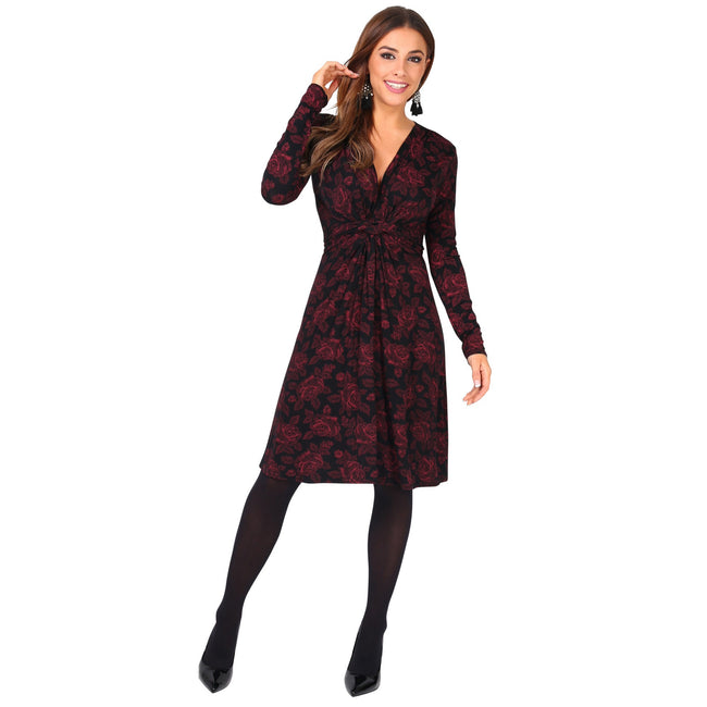 Wine - Back - Krisp Womens-Ladies Long Sleeve Rose Print Knot Dress