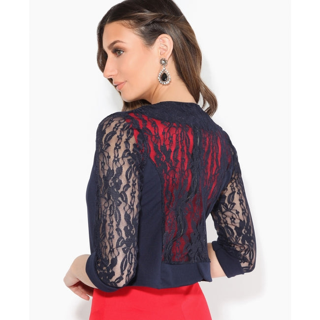Navy - Side - Krisp Womens-Ladies Lace Tailored 3-4 Sleeve Shrug