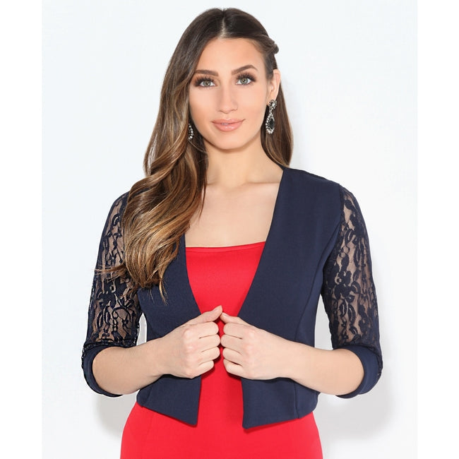 Navy - Back - Krisp Womens-Ladies Lace Tailored 3-4 Sleeve Shrug