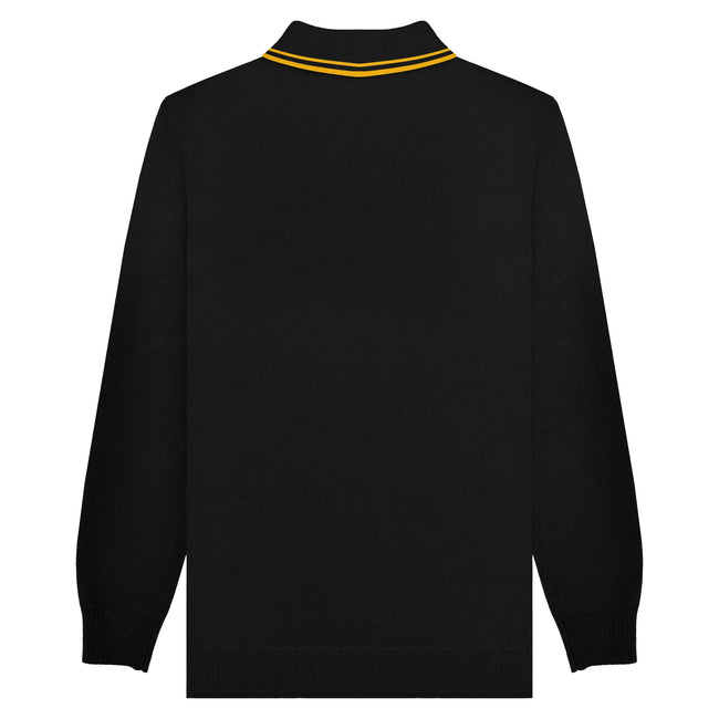 Black-Gold - Back - Lambretta Mens Knitted Tipped Long-Sleeved Polo Shirt
