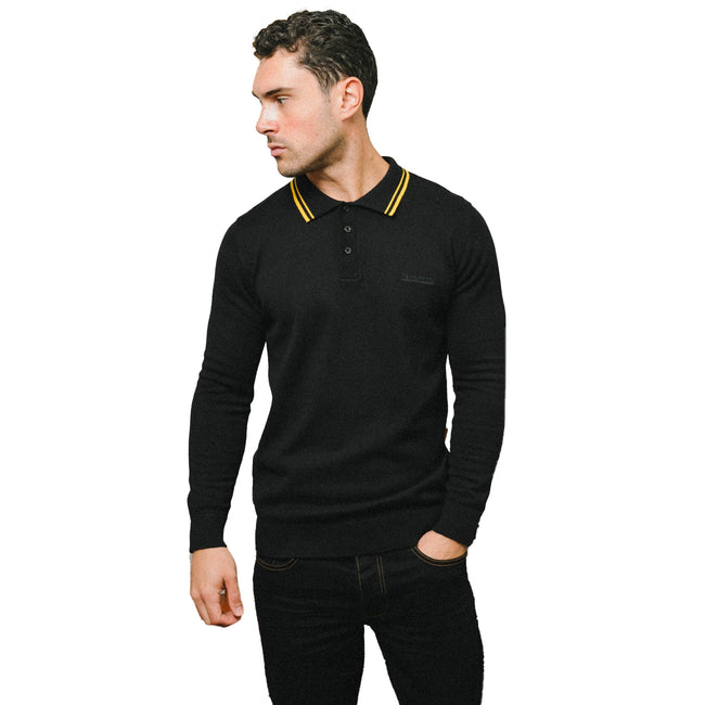 Black-Gold - Side - Lambretta Mens Knitted Tipped Long-Sleeved Polo Shirt