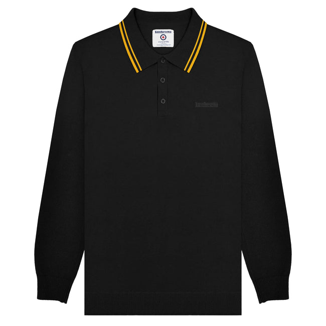Black-Gold - Front - Lambretta Mens Knitted Tipped Long-Sleeved Polo Shirt