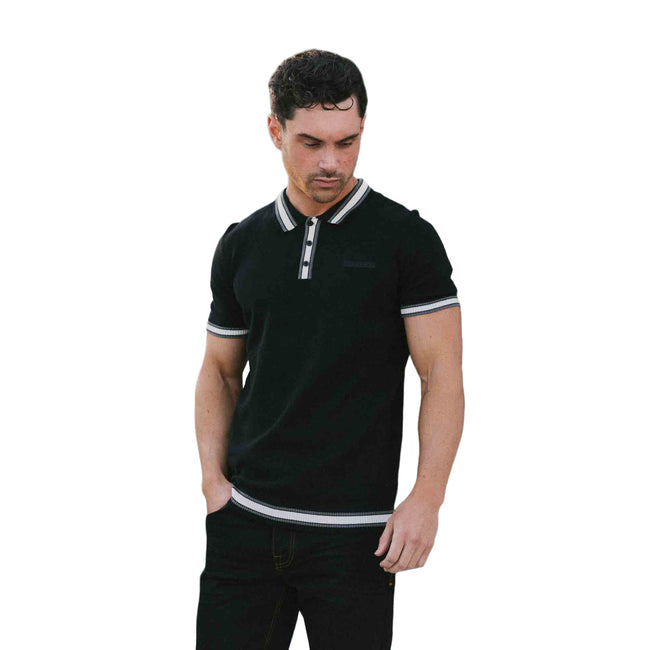 Black - Side - Lambretta Mens Valero Knitted Tipped Short-Sleeved Polo Shirt