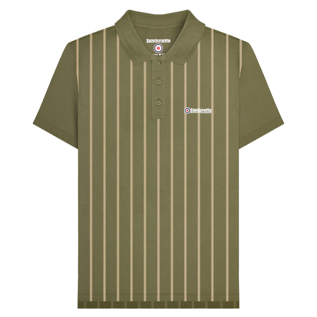 Khaki Green-Cream - Front - Lambretta Mens Pinstripe Polo Shirt