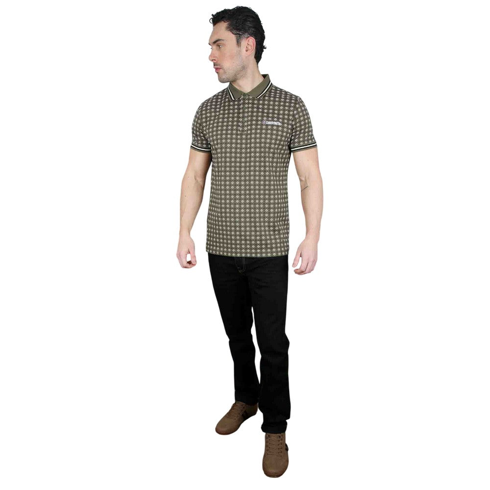 Khaki Green - Side - Lambretta Mens SS25 Geometric Polo Shirt