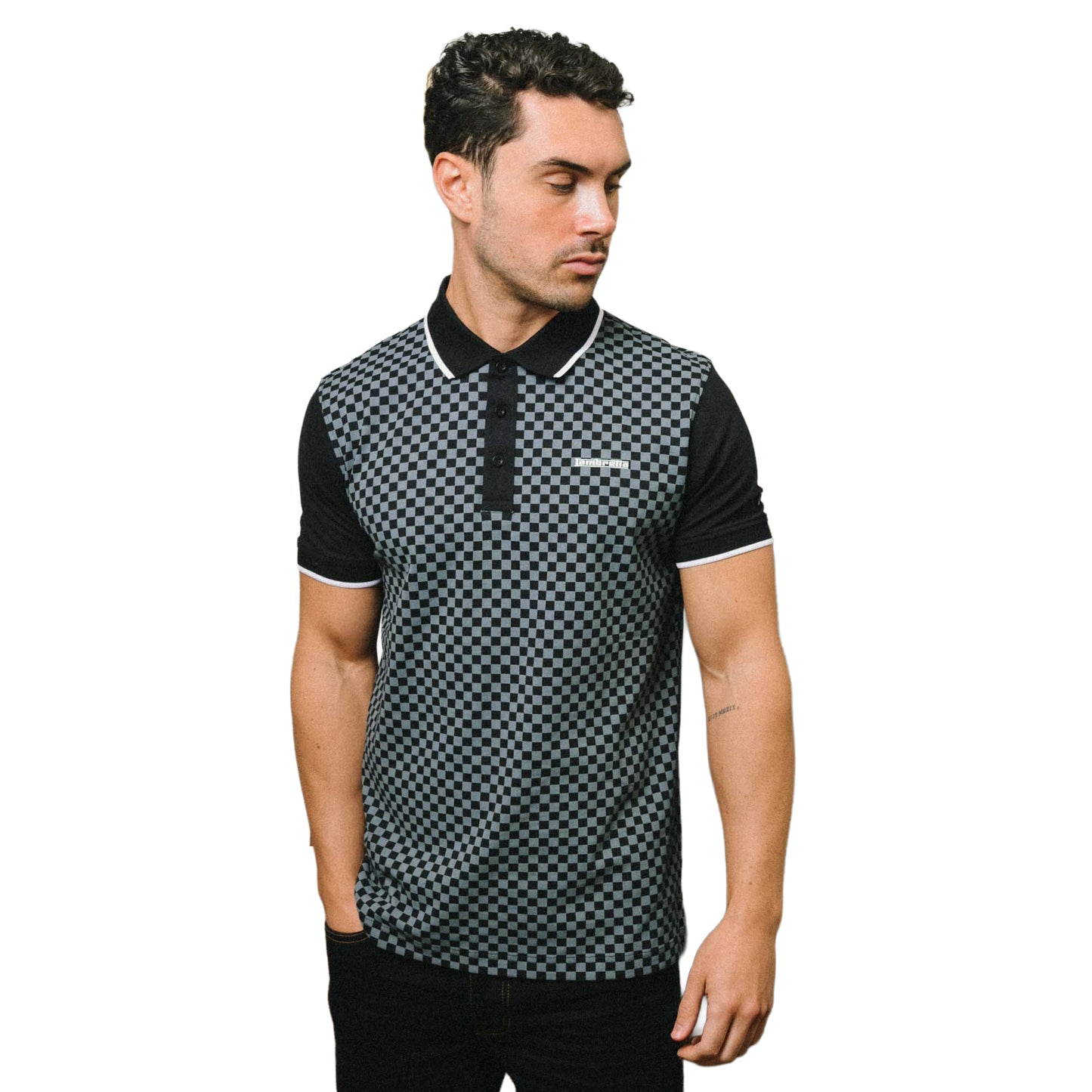 Black - Side - Lambretta Mens Two Tone All-Over Print Polo Shirt