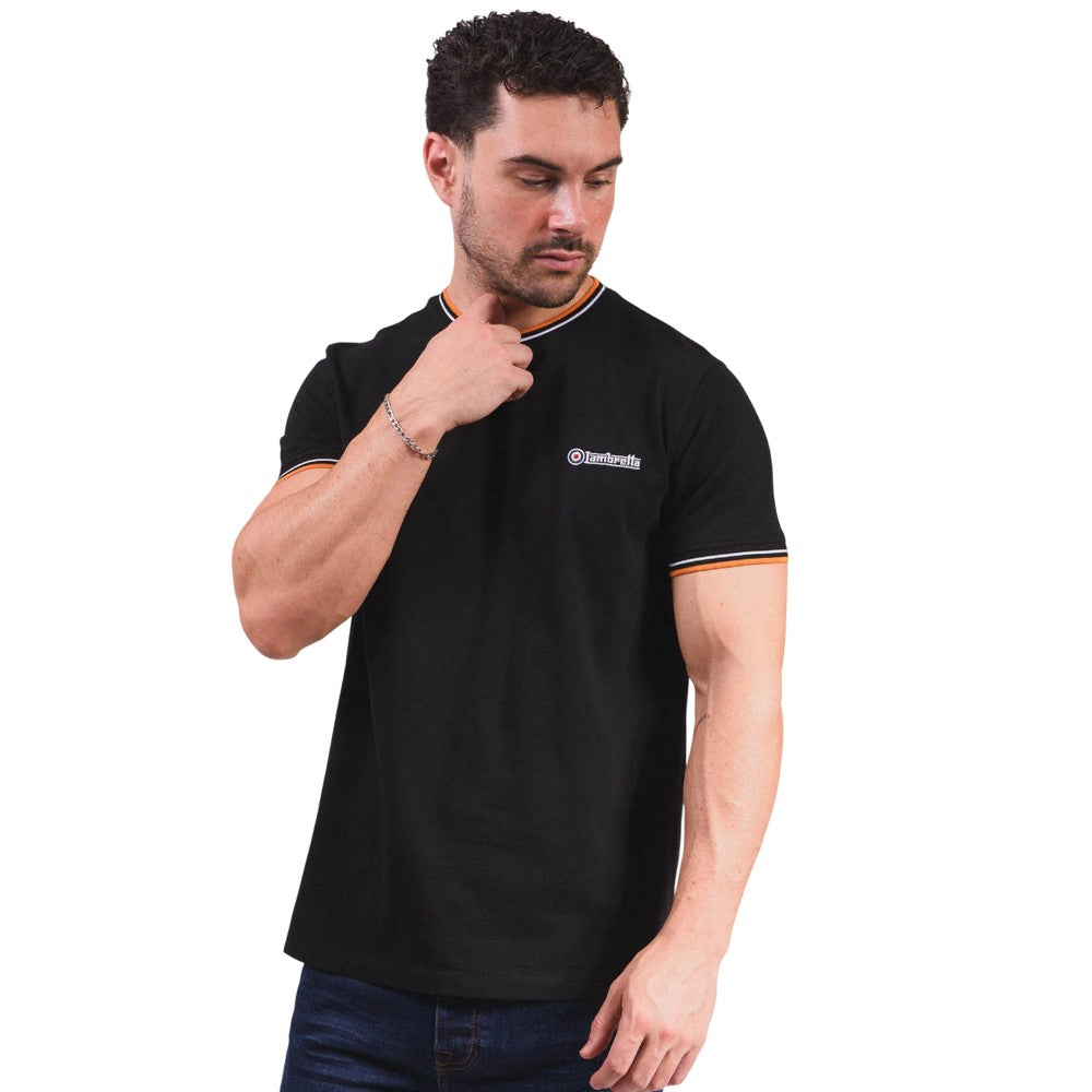 Black-White-Orange - Close up - Lambretta Mens AW24 Twin Tip Pique T-Shirt