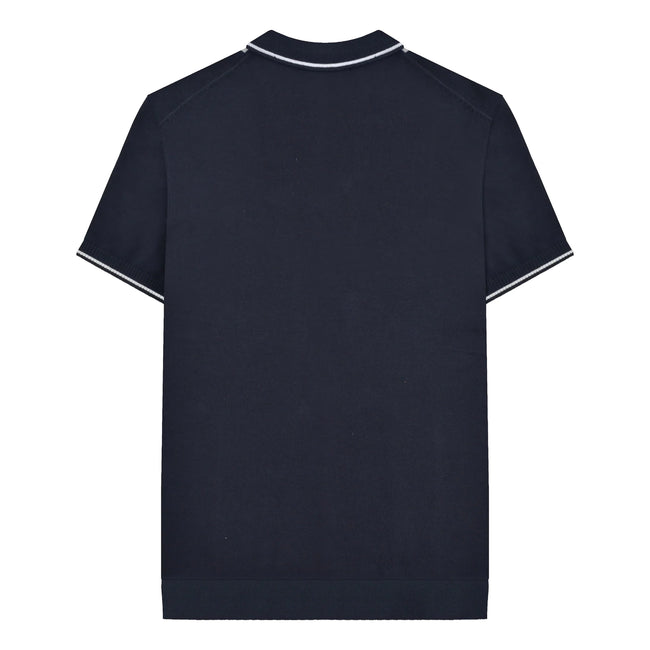 Navy - Back - Lambretta Mens Greco Striped Knitted Short-Sleeved Polo Shirt
