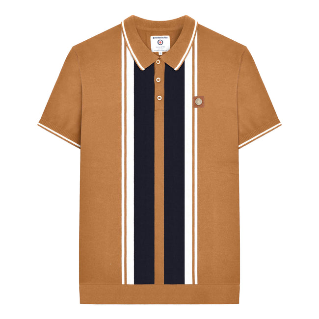 Tobacco - Front - Lambretta Mens Greco Striped Knitted Short-Sleeved Polo Shirt
