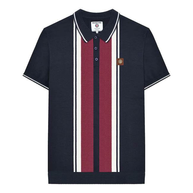 Navy - Front - Lambretta Mens Greco Striped Knitted Short-Sleeved Polo Shirt