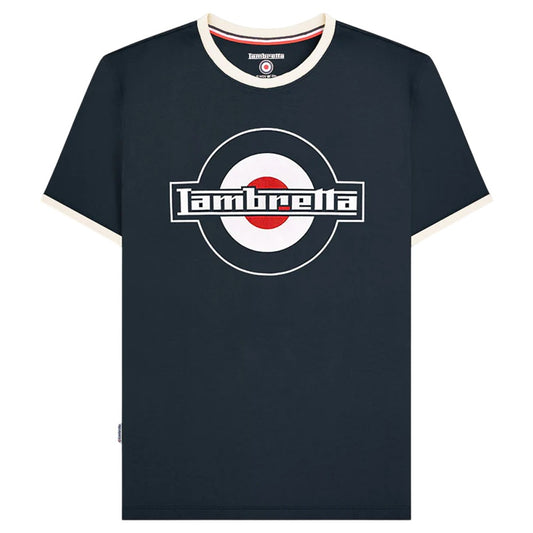 Dark Navy-Silver - Front - Lambretta Mens SS25 Ringer Logo T-Shirt