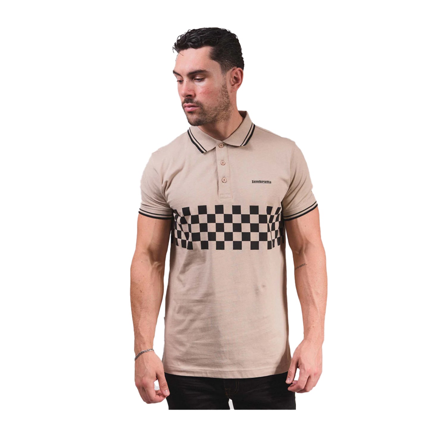 Stone-Black - Lifestyle - Lambretta Mens SS25 Two Tone Tipped Polo Shirt