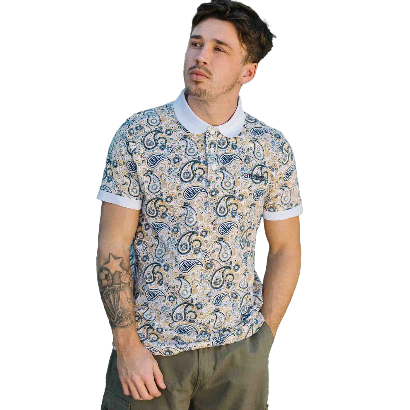 White-Navy - Side - Lambretta Mens SS25 Paisley Branded Polo Shirt