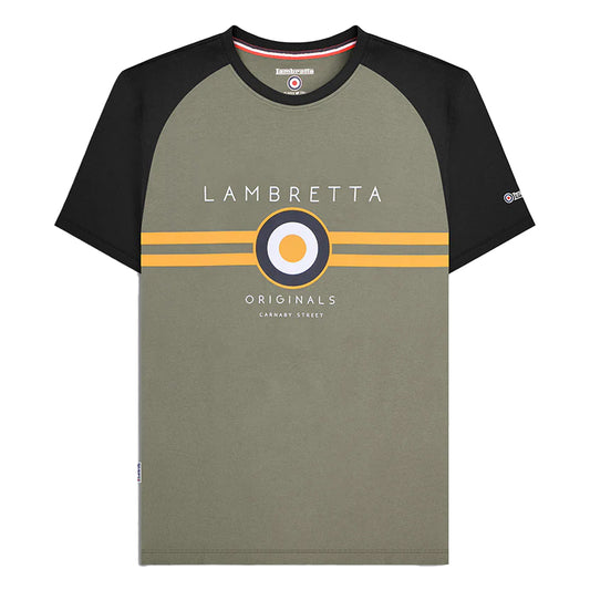 Black-Gold-Khaki Green - Front - Lambretta Mens SS24 Target Raglan T-Shirt