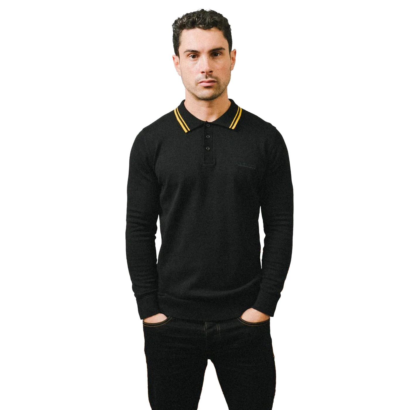 Black - Side - Lambretta Mens Tipped Long-Sleeved Polo Shirt