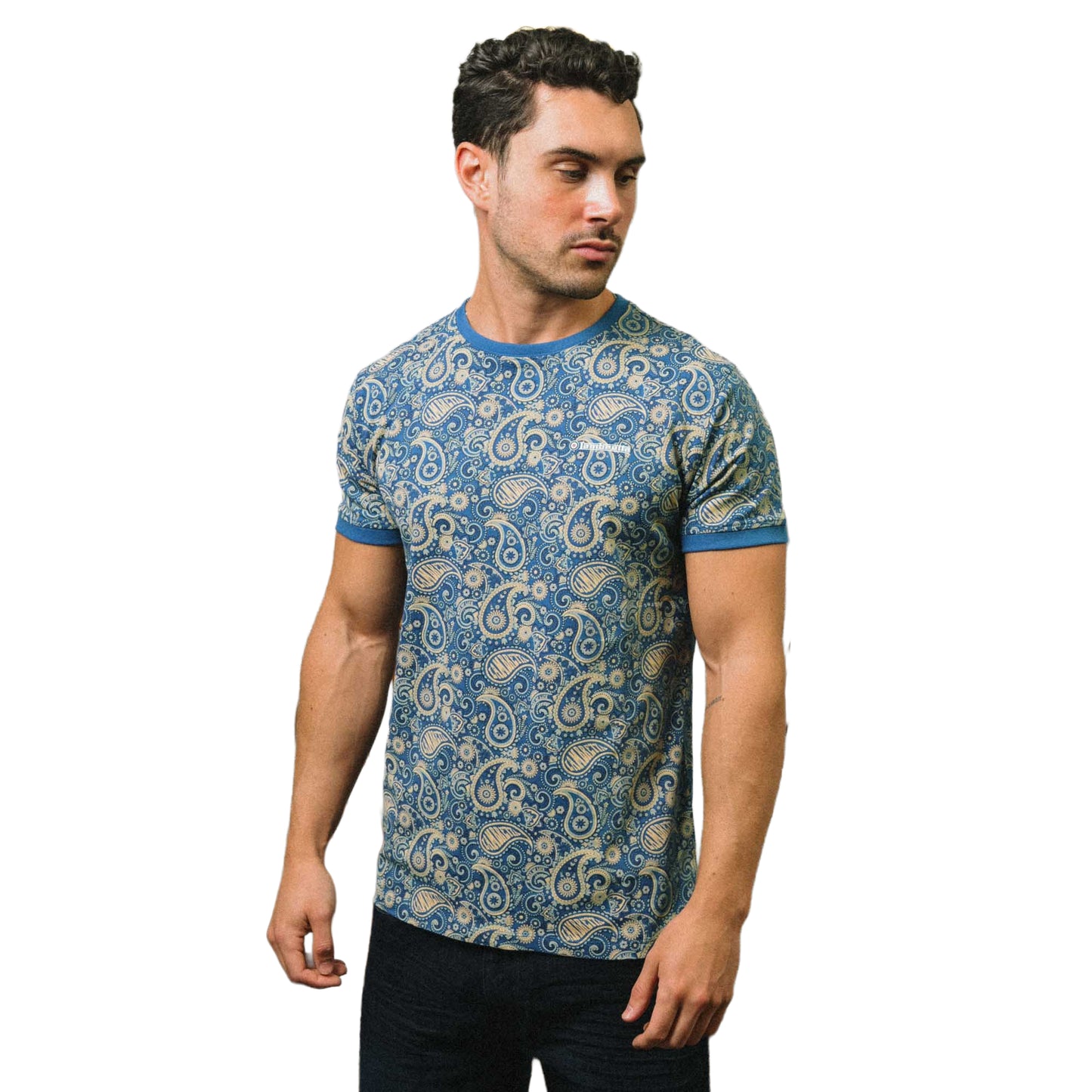 Dark Blue-Cream - Side - Lambretta Mens SS25 Paisley T-Shirt
