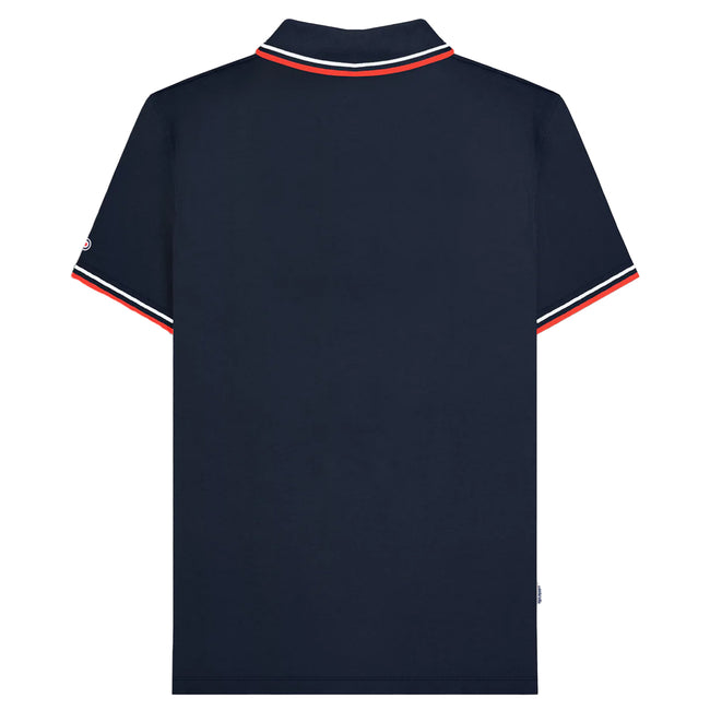 Dark Navy-White-Red - Back - Lambretta Mens SS25 Twin Tip Polo Shirt