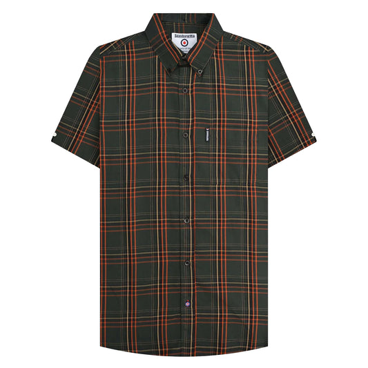 Khaki Green-Orange - Front - Lambretta Mens SS25 Checked Shirt
