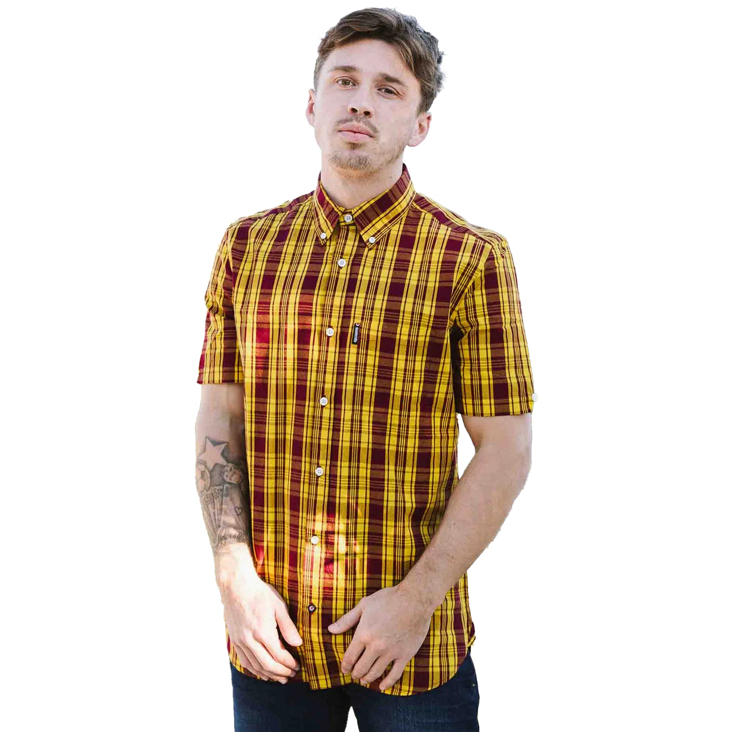 Burgundy-Gold - Side - Lambretta Mens SS25 Checked Shirt
