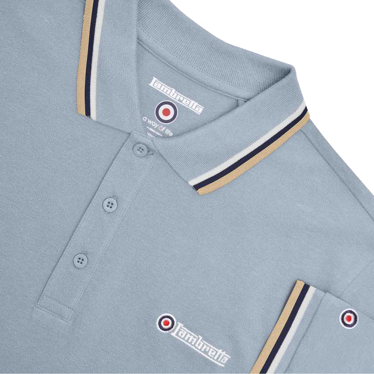 Dusky Blue-White-Navy-Cream - Side - Lambretta Mens SS25 Triple Tipped Big & Tall Polo Shirt