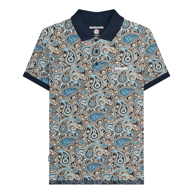 Navy-Smoke Blue - Front - Lambretta Mens SS25 Paisley Branded Big & Tall Polo Shirt