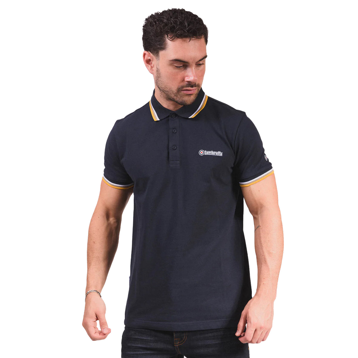 Navy-White-Cashew-Gold - Lifestyle - Lambretta Mens Triple Tipped Polo Shirt