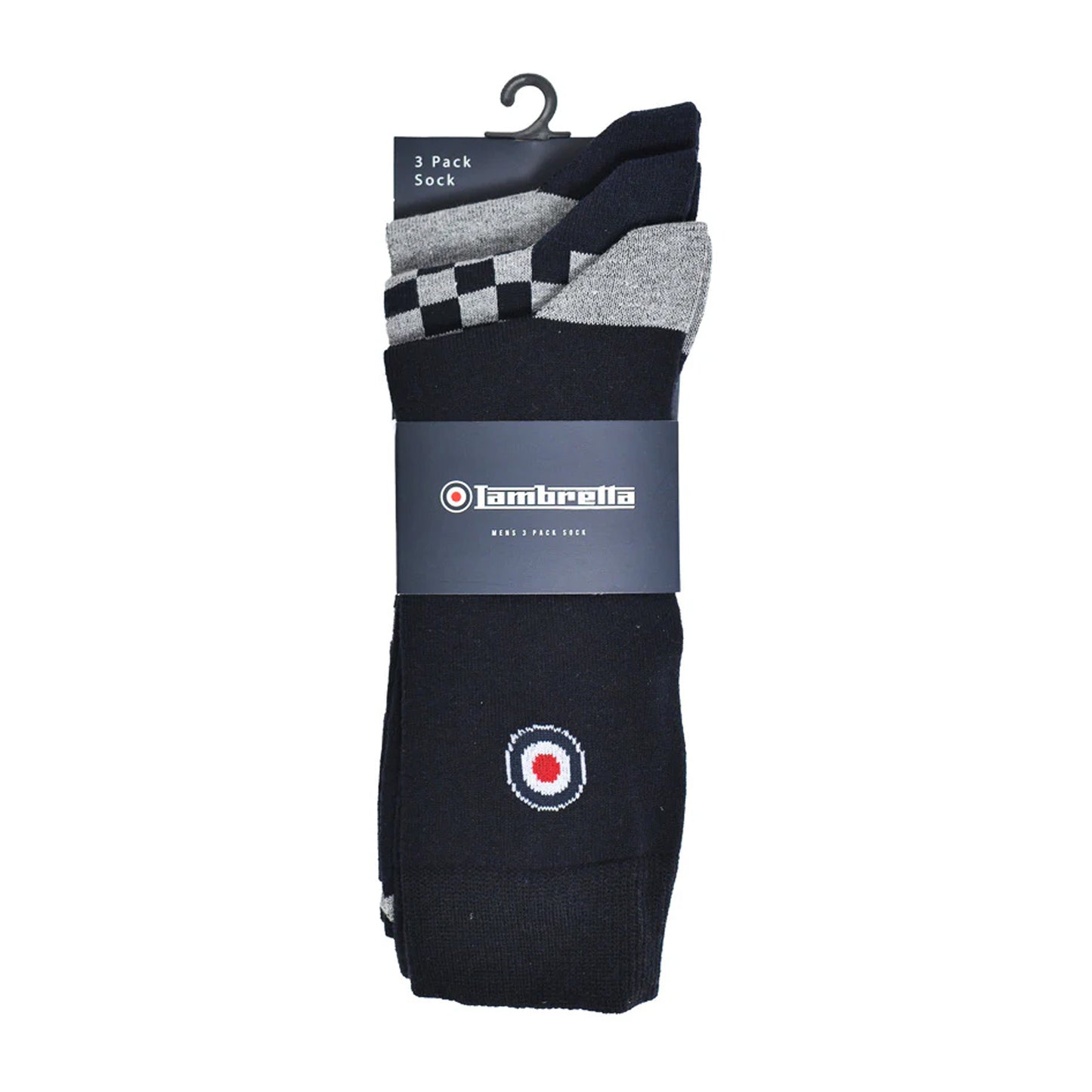 Grey-Navy - Side - Lambretta Mens Checked Socks (Pack of 3)