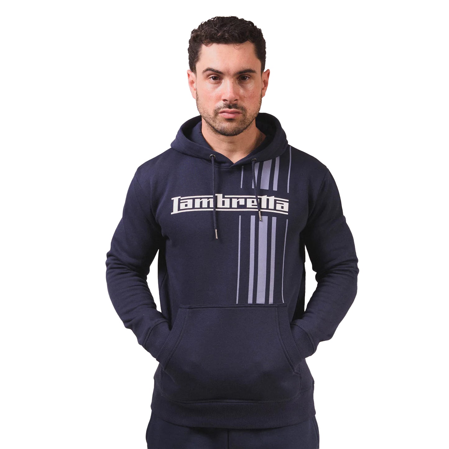 Navy - Side - Lambretta Mens AW25 Striped Hoodie