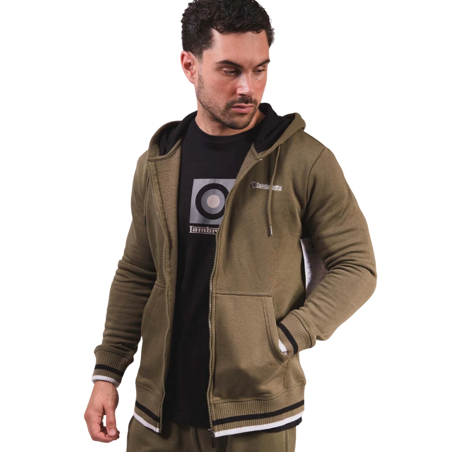Khaki Green-Black - Lifestyle - Lambretta Mens Full Zip Hoodie