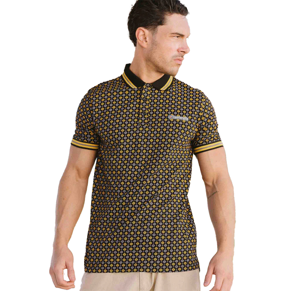 White-Navy-Smoke Blue - Side - Lambretta Mens Geometric Polo Shirt