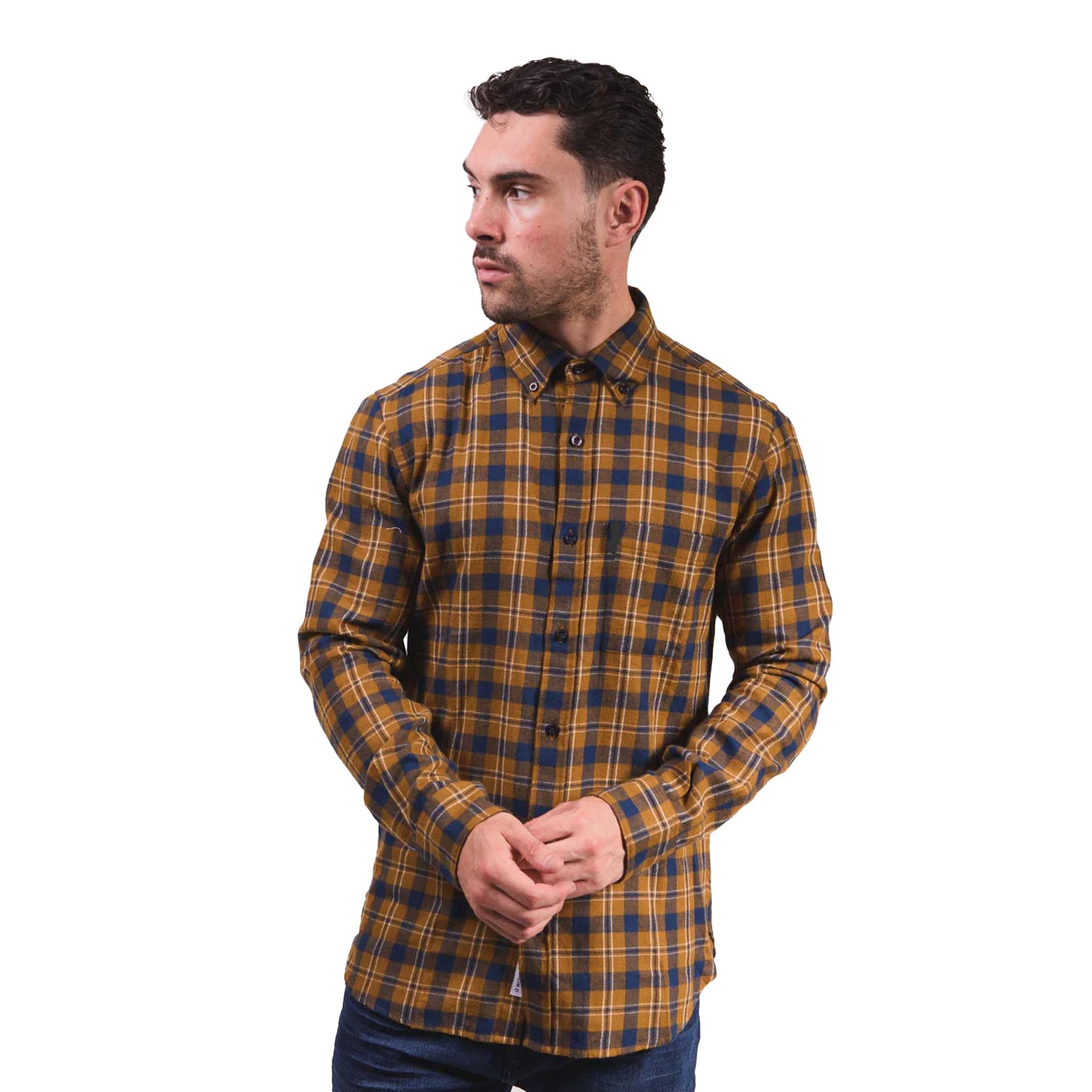 Mustard-Navy - Pack Shot - Lambretta Mens Checked Brushed Long-Sleeved Shirt