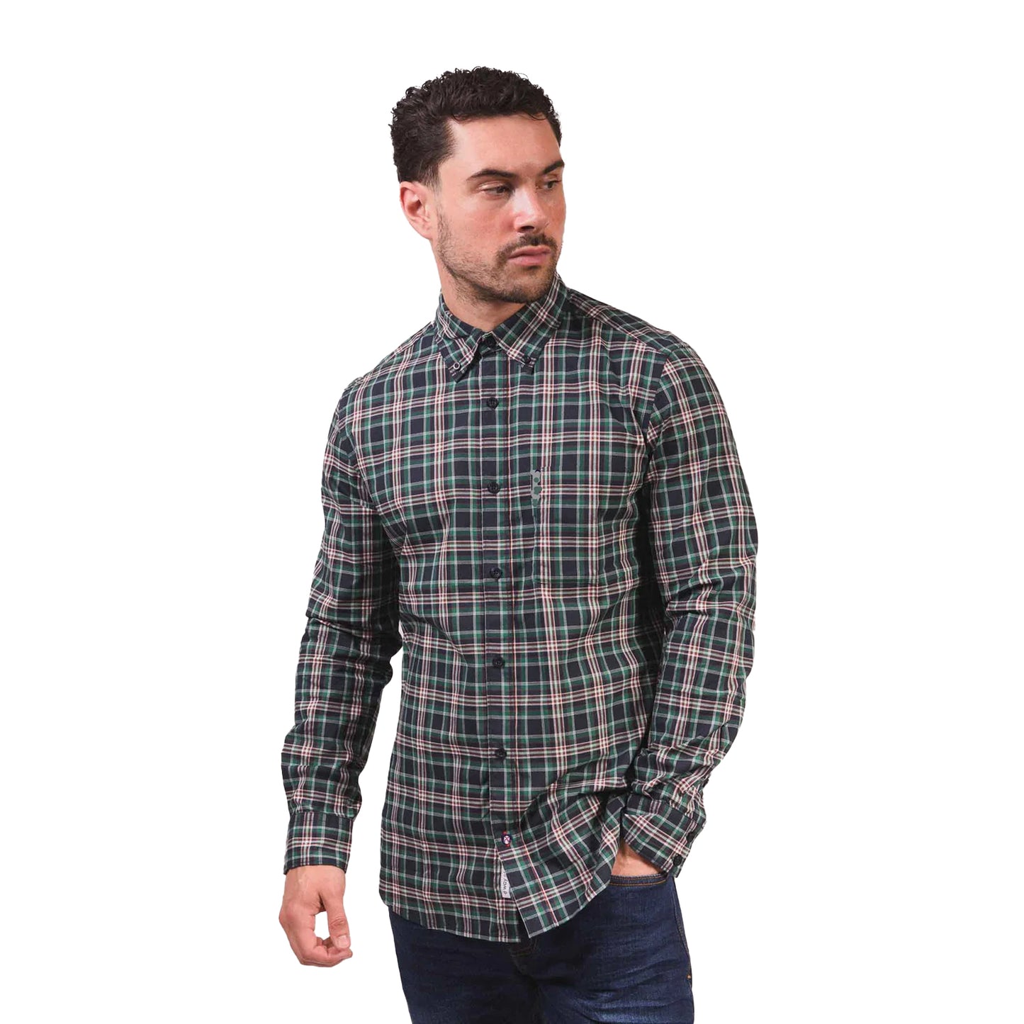Navy-Green-Red - Pack Shot - Lambretta Mens Classic Checked Long-Sleeved Shirt