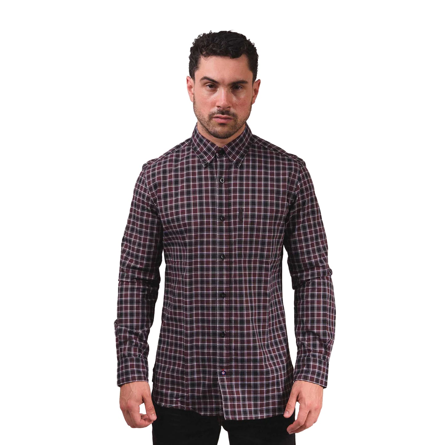 Burgundy-Black - Pack Shot - Lambretta Mens Checked Long-Sleeved Shirt