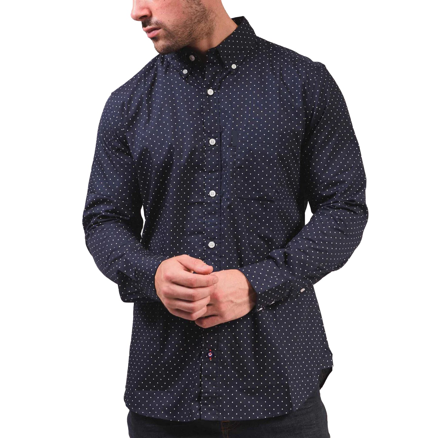 Dark Navy - Pack Shot - Lambretta Mens Pin Dot Long-Sleeved Shirt