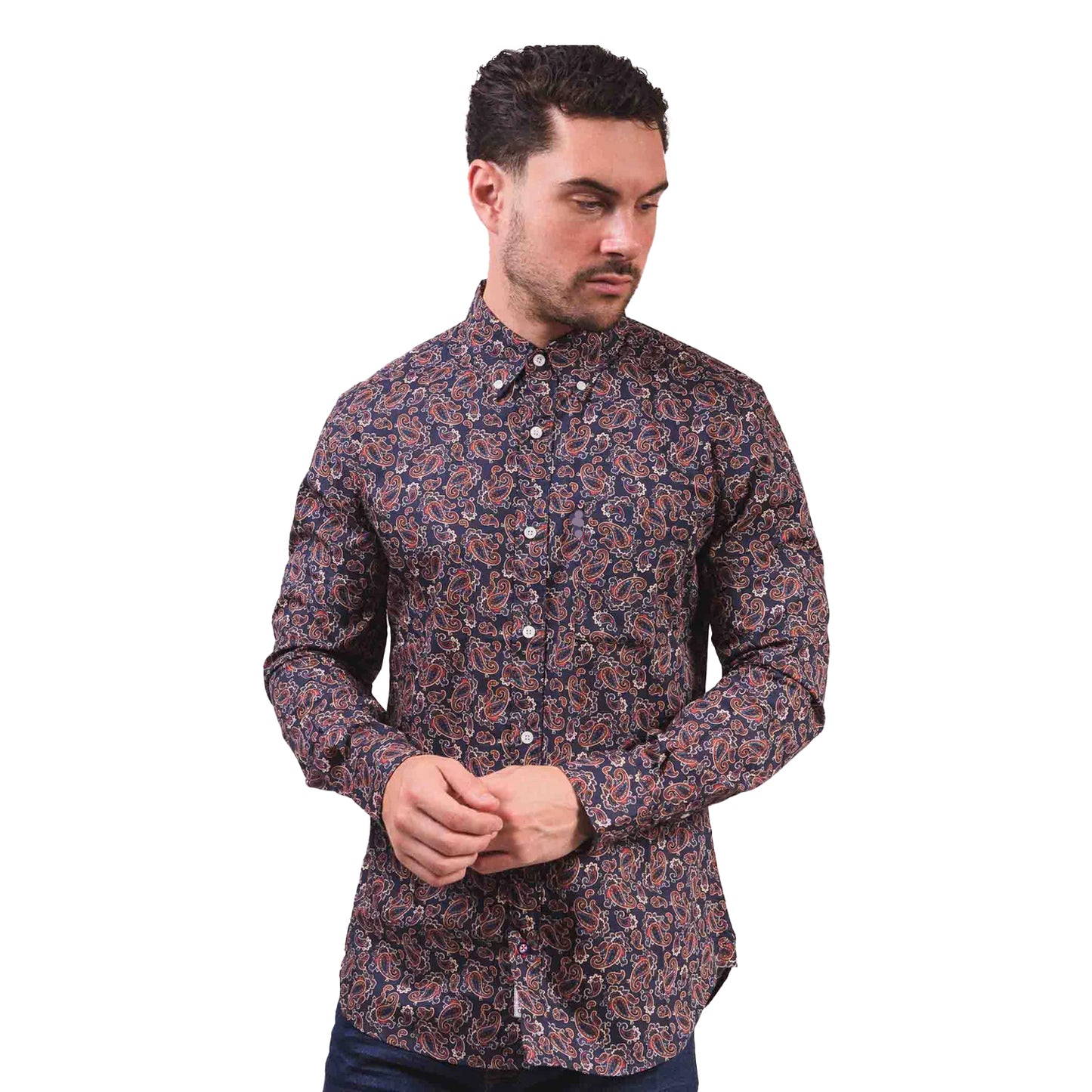 Navy - Pack Shot - Lambretta Mens Paisley Long-Sleeved Shirt