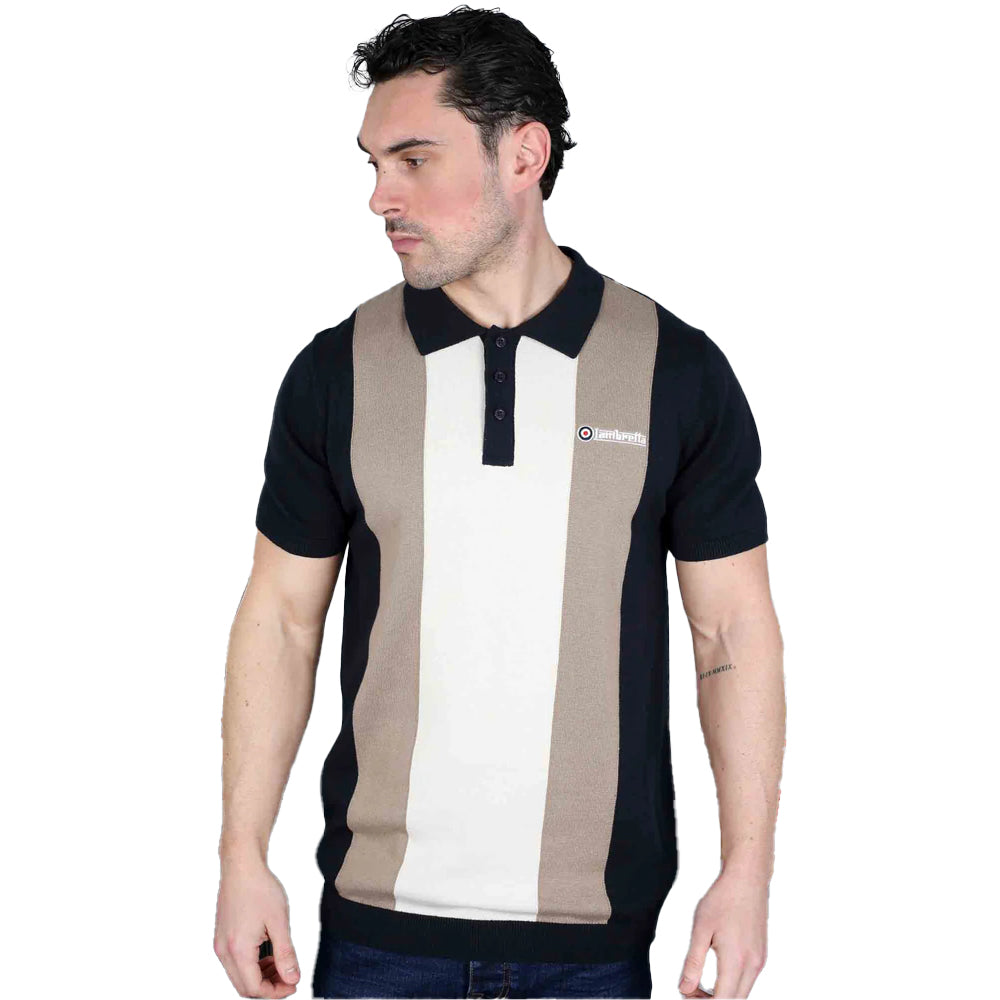 Navy-Cashew-Silver - Lifestyle - Lambretta Mens Vertical Stripe Knitted Polo Shirt