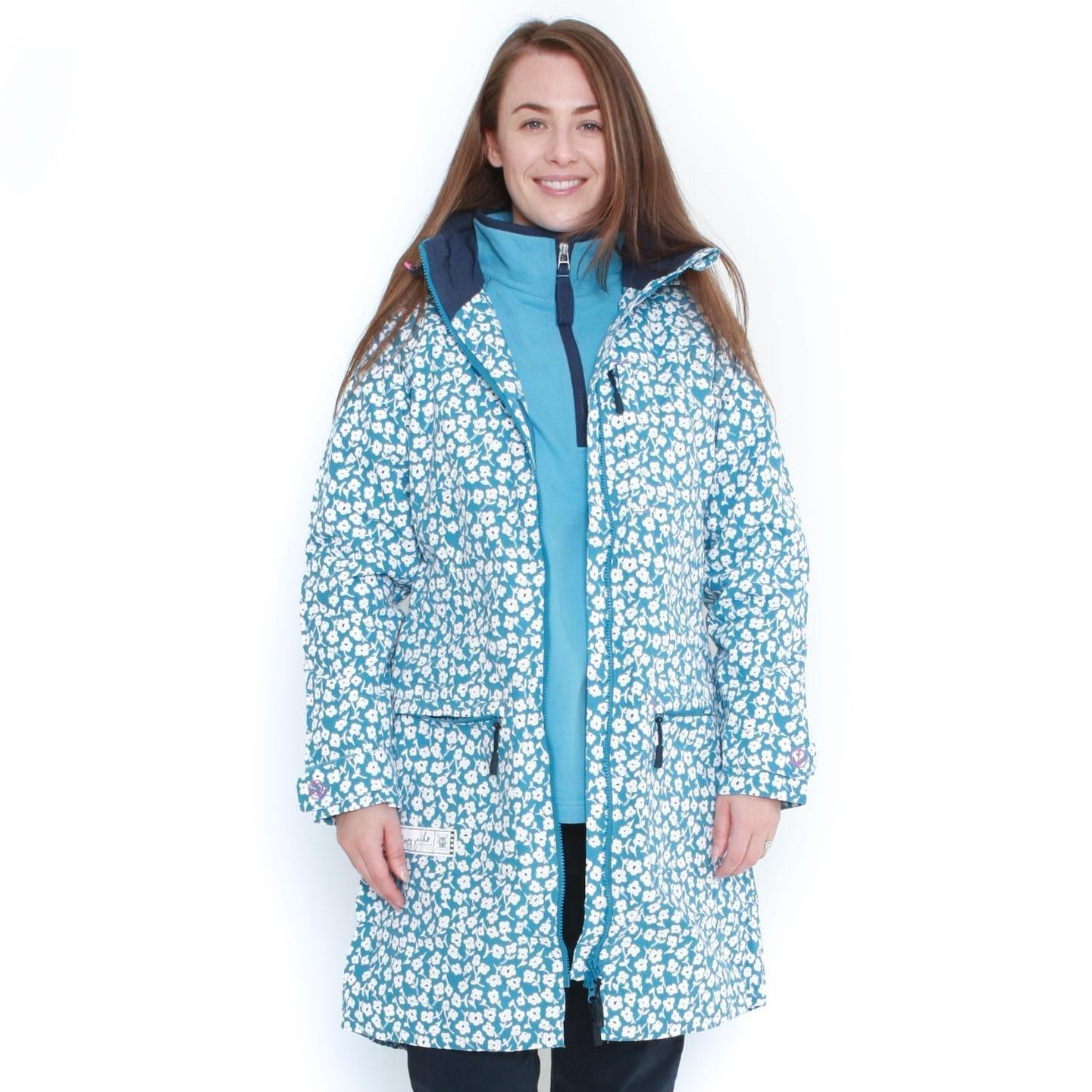 Sky Blue-White - Pack Shot - Lazy Jacks Womens-Ladies Buttercups Long Length Waterproof Jacket